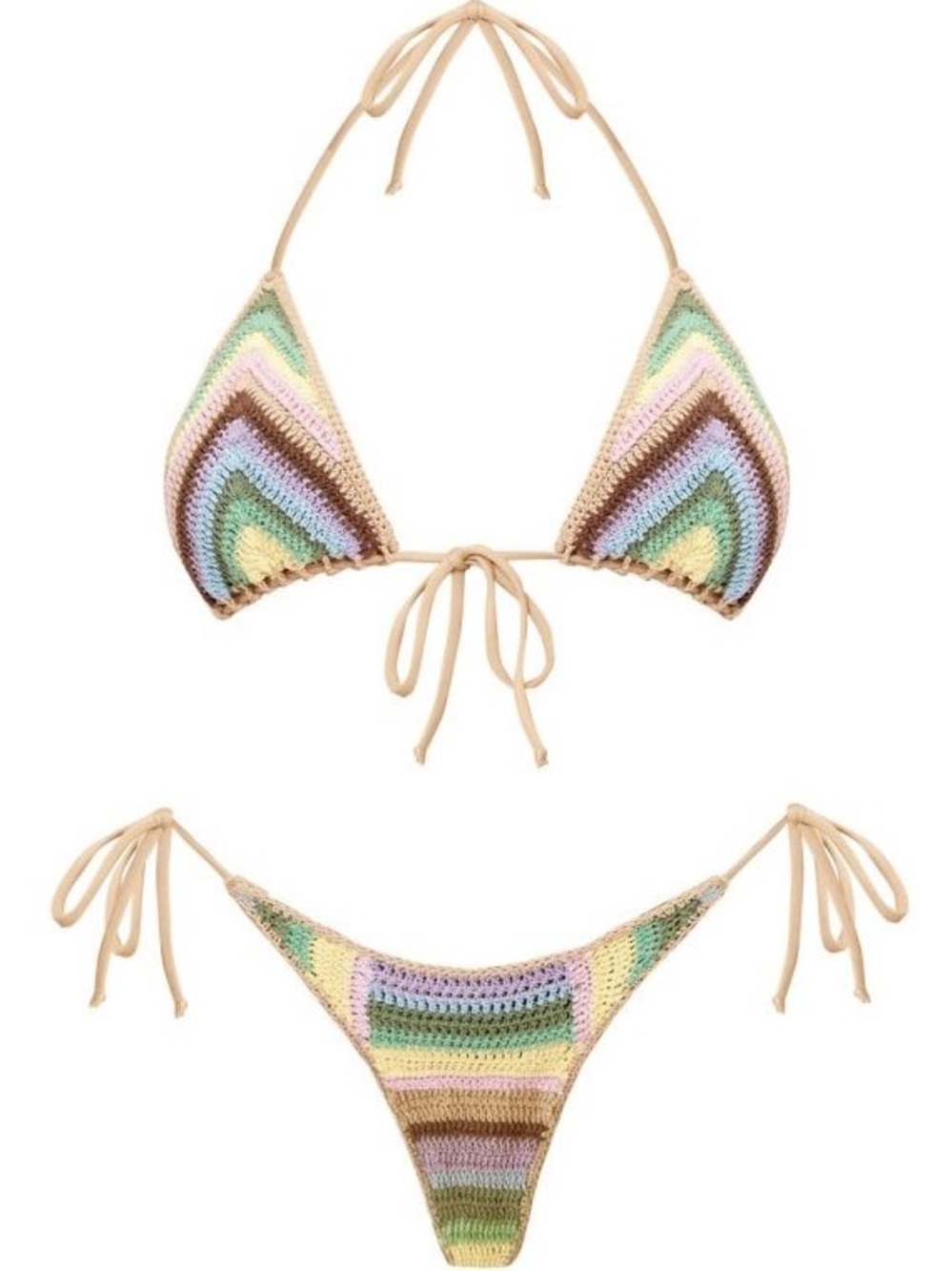 Frankie's Bikinis Pastel Crochet Tie Bikini in Beige Trim